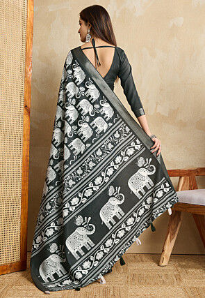 Printed Art Silk Saree in Dark Green