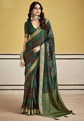 Printed Art Silk Saree in Dark Green