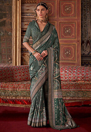 Printed Art Silk Saree in Dark Teal Green