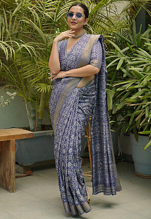 Printed Art Silk Saree in Dusty Blue