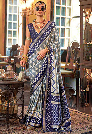 Printed Art Silk Saree in Grey