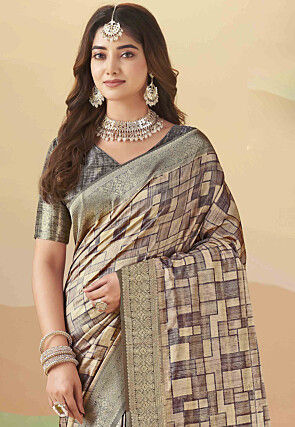 Printed Art Silk Saree in Grey