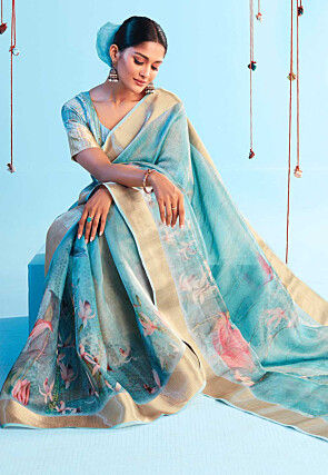 Printed Art Silk Saree in Light Blue