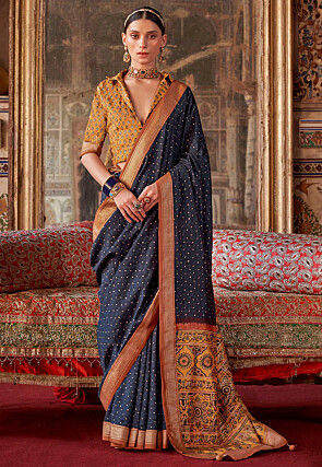 Printed Art Silk Saree in Navy Blue