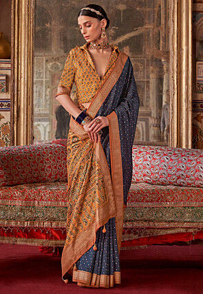 Printed Art Silk Saree in Navy Blue