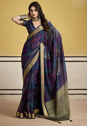 Printed Art Silk Saree in Navy Blue