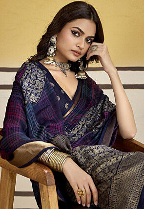 Printed Art Silk Saree in Navy Blue