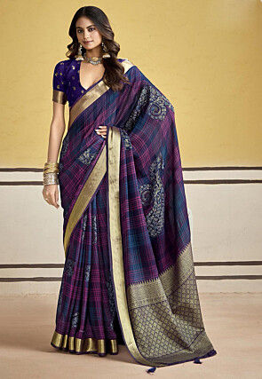Printed Art Silk Saree in Navy Blue
