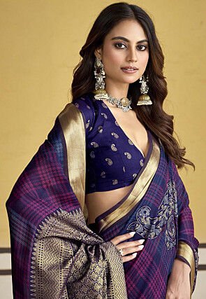 Printed Art Silk Saree in Navy Blue