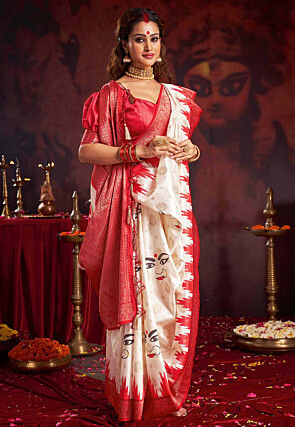 Printed Art Silk Saree in Off White
