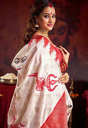 Printed Art Silk Saree in Off White