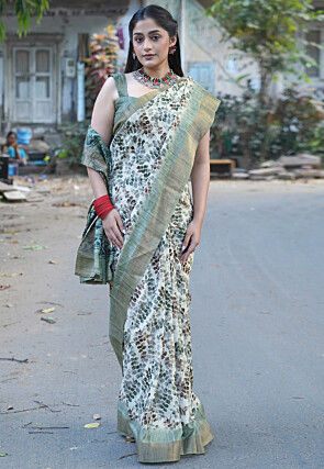Printed Art Silk Saree in Off White