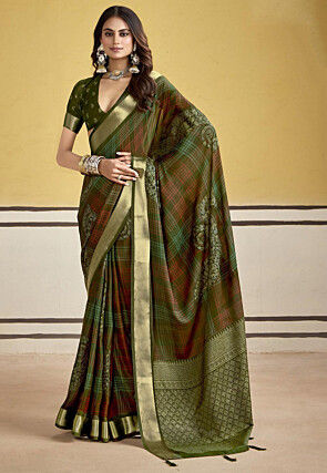 Printed Art Silk Saree in Olive Green