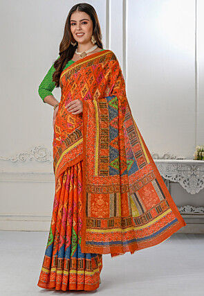 Printed Art Silk Saree in Orange