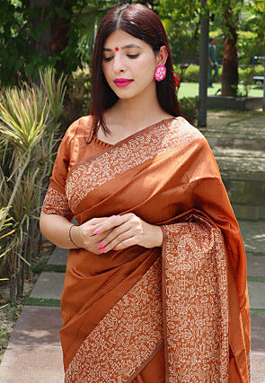 Printed Art Silk Saree in Rust
