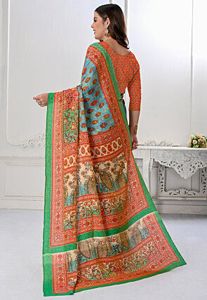 Printed Art Silk Saree in Sky Blue and Multicolor