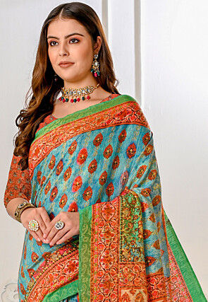 Printed Art Silk Saree in Sky Blue and Multicolor
