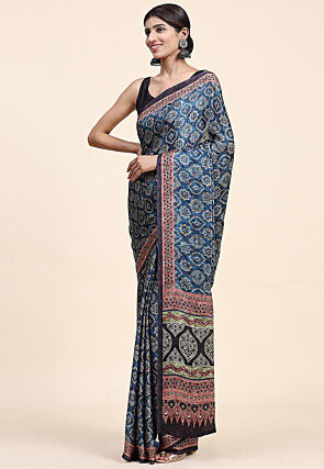 Printed Art Silk Saree in Teal Blue