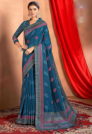Printed Art Silk Saree in Teal Blue