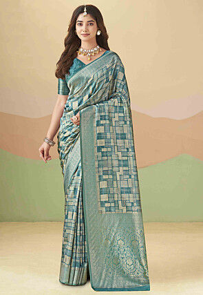 Printed Art Silk Saree in Teal Blue