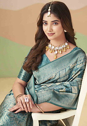 Printed Art Silk Saree in Teal Blue