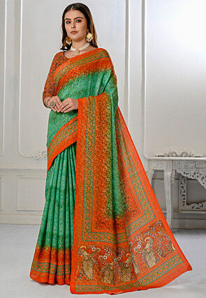 Printed Art Silk Saree in Teal Green and Orange