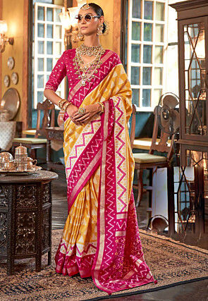Printed Art Silk Saree in Yellow