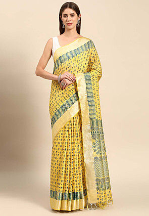 Printed Art Silk Saree in Yellow