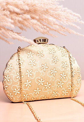 Printed Art Silk Scalloped Clutch Bag in Beige