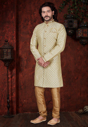 Printed Art Silk Sherwani in Cream