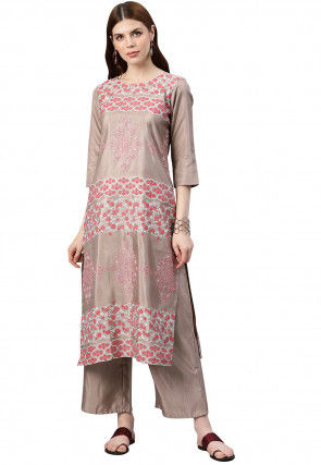 Printed Art Silk Straight Kurta in Beige