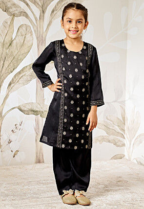 Printed Art Silk Straight Kurta in Black
