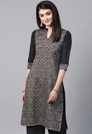 Printed Art Silk Straight Kurta in Grey and Black