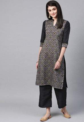 Printed Art Silk Straight Kurta in Grey and Black