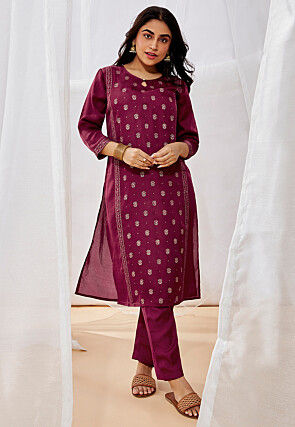Printed Art Silk Straight Kurta Set in Wine
