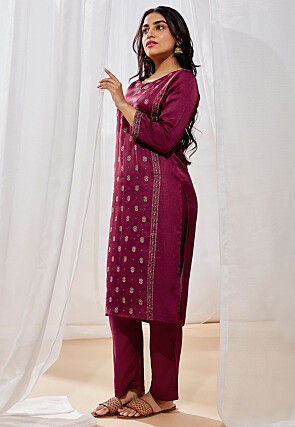 Printed Art Silk Straight Kurta Set in Wine