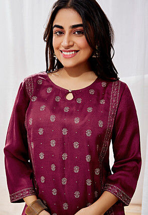 Printed Art Silk Straight Kurta Set in Wine