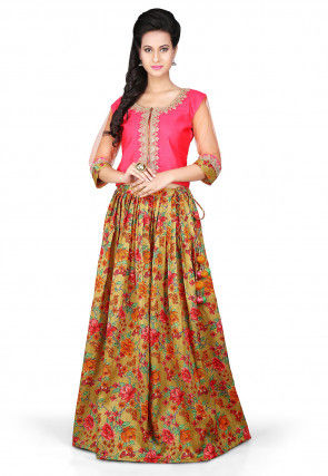 Printed Bhagalpuri Art Silk Lehenga in Olive Green