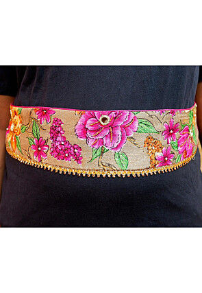 Printed Bhagalpuri Silk Adjustable Waist Belt in Dark Beige