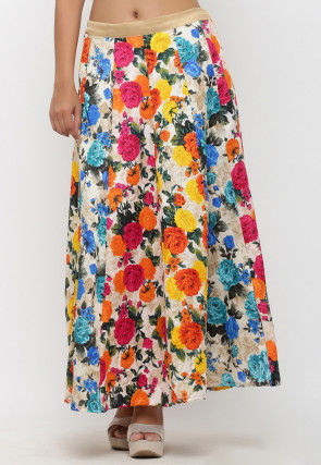 Printed Bhagalpuri Silk Long Skirt in Multicolor