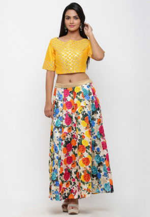 Printed Bhagalpuri Silk Long Skirt in Multicolor