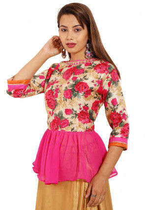 Printed Bhagalpuri Silk Peplum Style Top in Beige and Pink