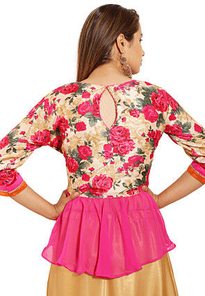 Printed Bhagalpuri Silk Peplum Style Top in Beige and Pink