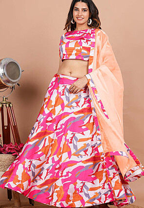 Printed Border Organza Dupatta in Pastel Orange