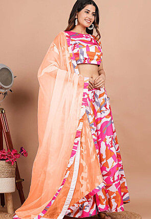 Printed Border Organza Dupatta in Pastel Orange