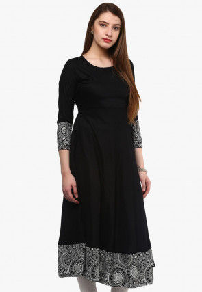 Printed Border Viscose Rayon A Line Kurta in Black