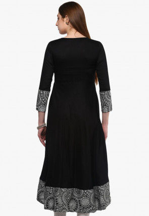 Printed Border Viscose Rayon A Line Kurta in Black
