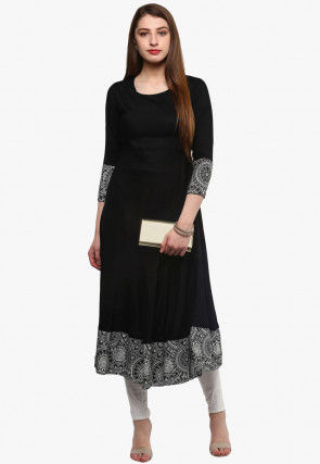 Printed Border Viscose Rayon A Line Kurta in Black