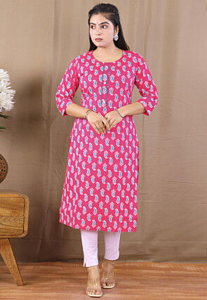 Printed Cambric Cotton Straight Kurta in Pink