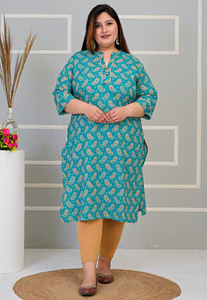 Printed Cambric Cotton Straight Kurta in Teal Blue